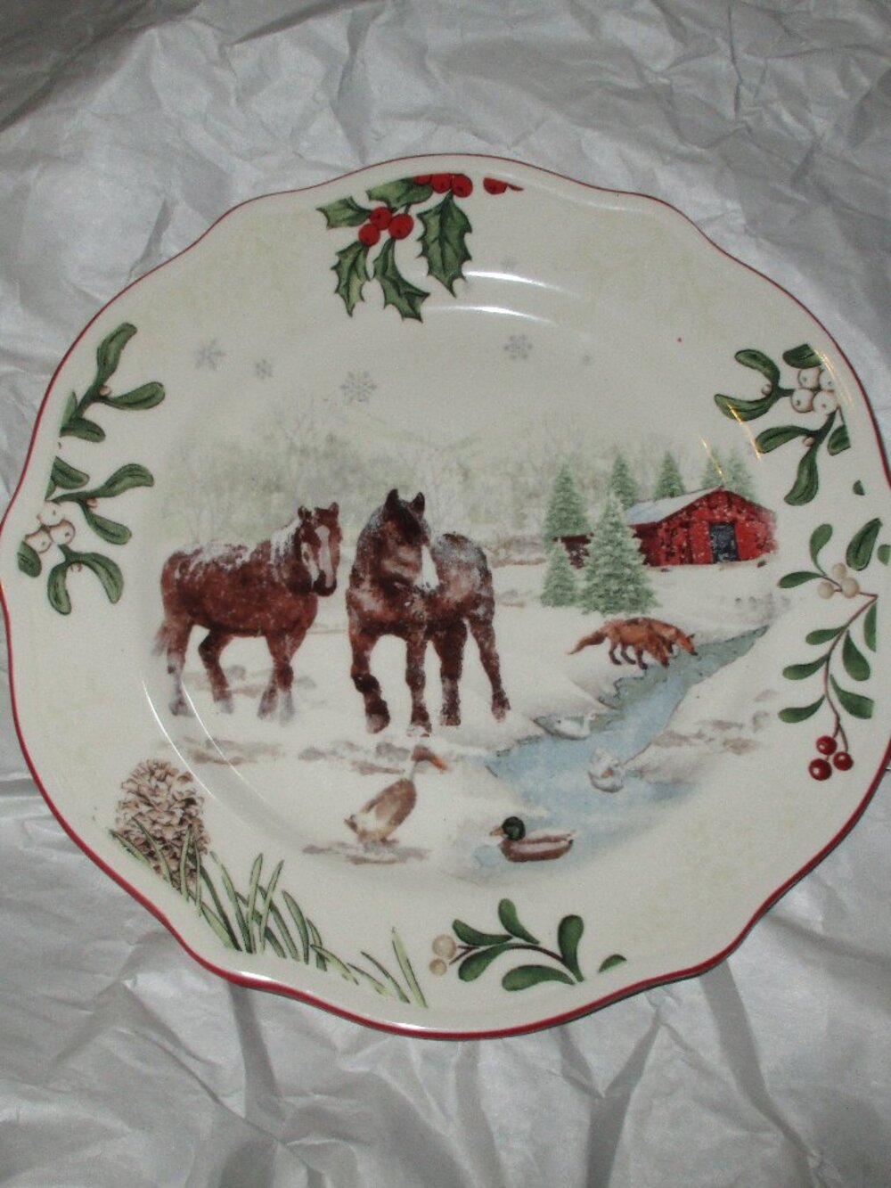 2 Better Homes & Garden Heritage Winter Forest Salad Plates Barn Farm Horse